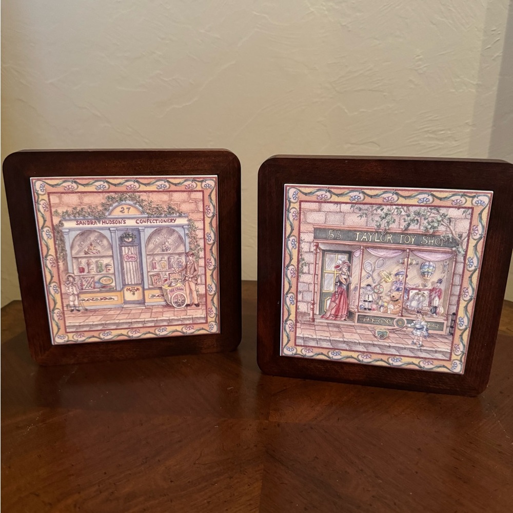Pair of Wood-Framed Handmade Dutch Vintage Shop Tiles